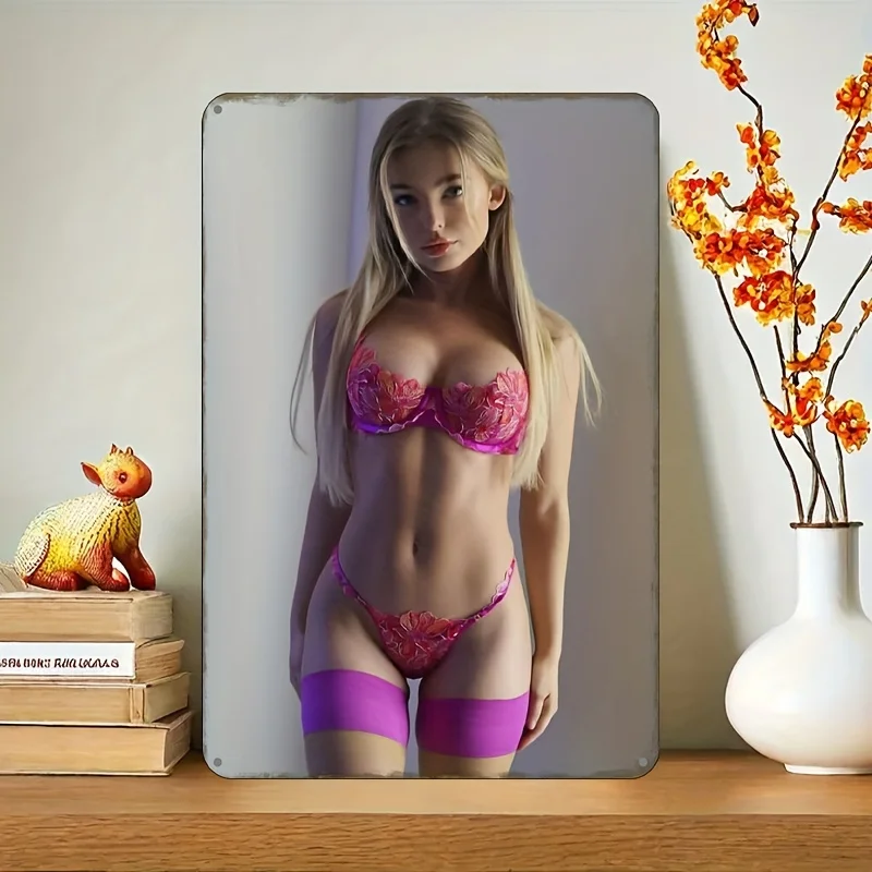 Fashion Blonde Bikini Girl Iron Wall Art - Vibrant Pink & Purple Design, Durable Metal Decor for Bedroom,  Party, No Elec