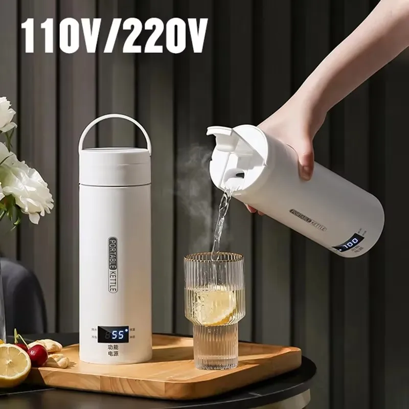 

110V/220V Portable Electric Kettle Boil Water Cup Smart Teapot Thermo Pot Temperature Adjustment Kettle Travel Heating Cup 500ml