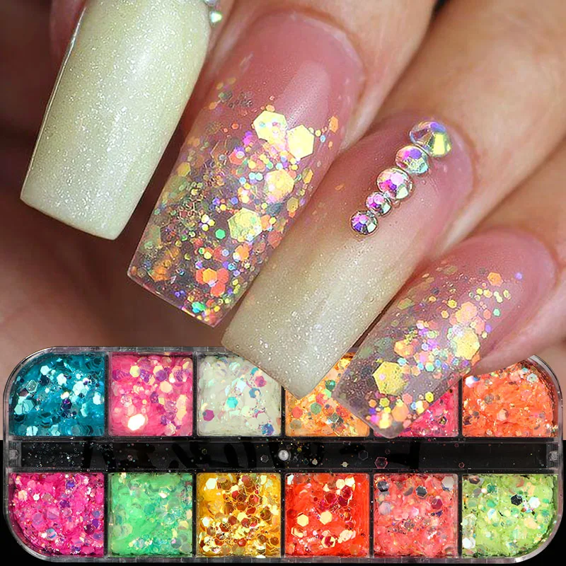 Hexagone miroir irisé Y2K ‌ Paillettes pour ongles 3D ultra-fines holographiques effet sirène, paillettes néon épaisses pour l'été, décoration