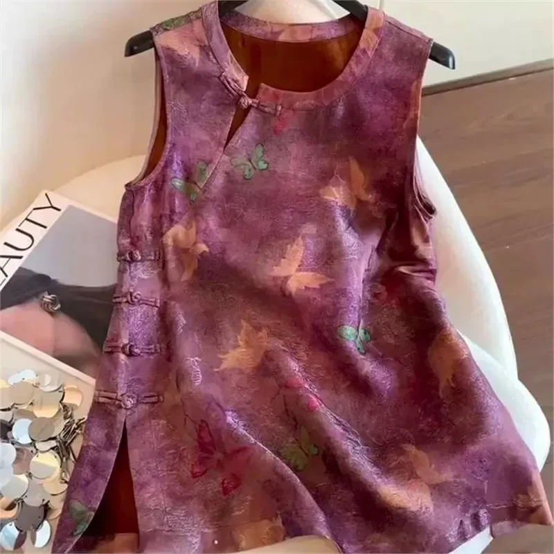 

Летний жилет с принтом для женщин, элегантный утягивающий винтажный жилет в китайском стиле, элитный модный жилет без рукавов, 2025, новый стиль