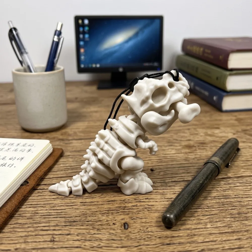 Movable Joint Dinosaur Skeleton Keychain 3D Printed Vintage Style Dinosaur Figurine Keyring Antique Texture Bone Design
