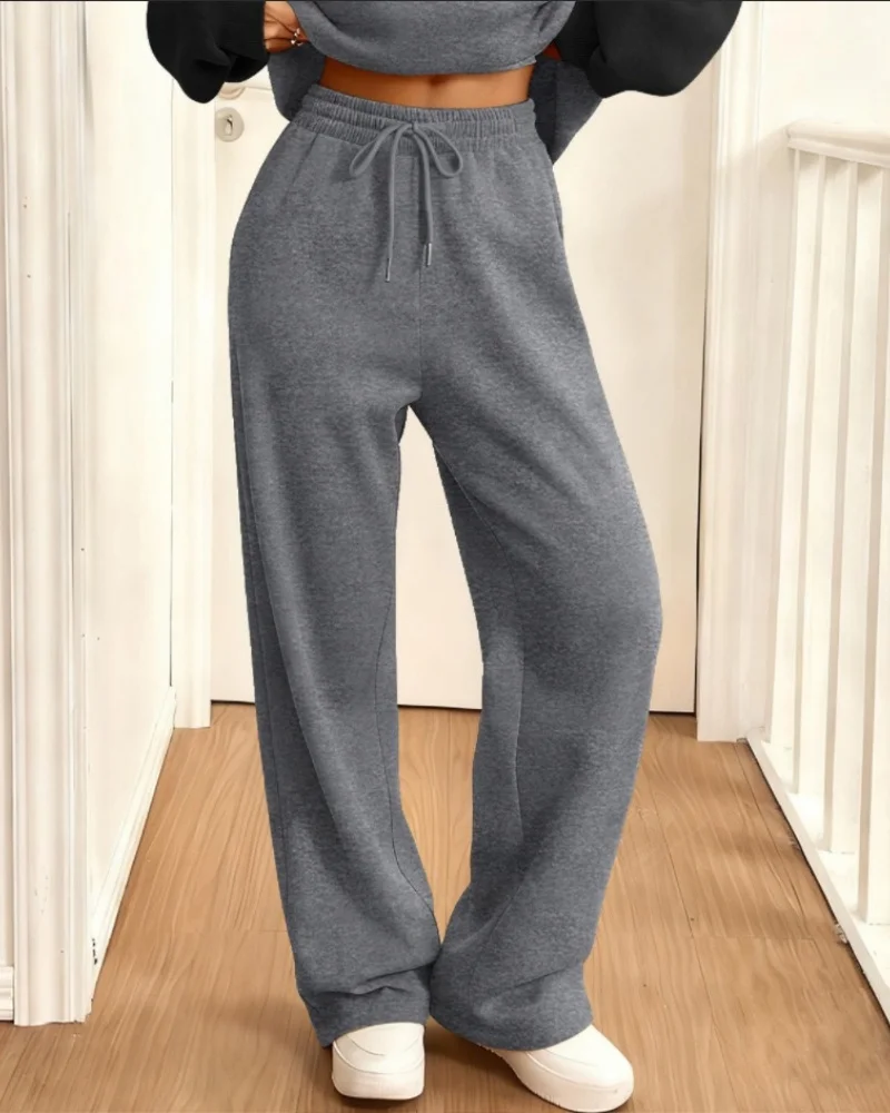 سراويل نسائية كلاسيكية طويلة غير رسمية للركض سراويل رياضية كبيرة الحجم باللون الرمادي سراويل طويلة بيضاء مرنة عالية الخصر للسيدات