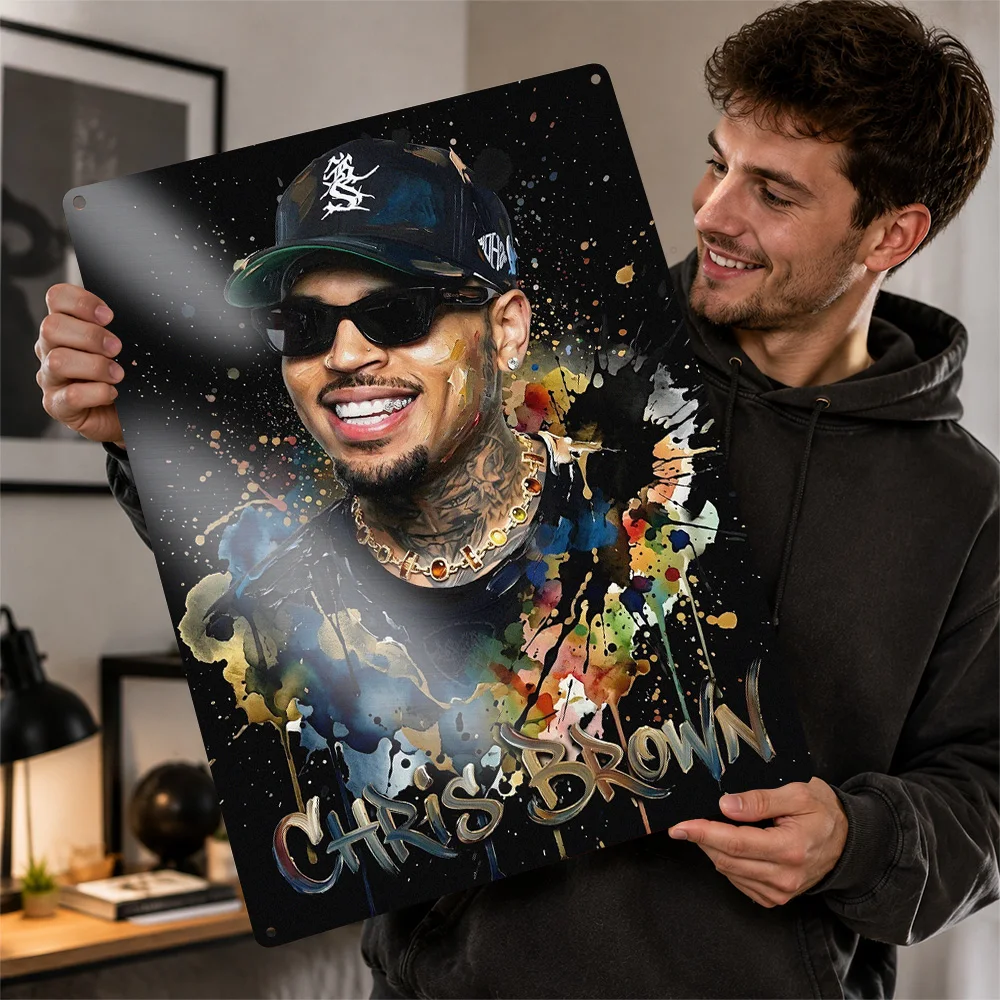 Chris Brown Expressive Portrait Printed Poster Personalized Aluminum Metal Sign Chart Topper Style Wall Art Audio Corner Decor