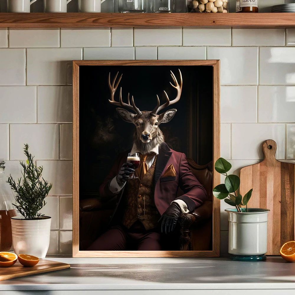 Royal Renaissance Animals Deer Elk Drink Beer Canvas Paintings Posters Prints Wall Vintage Art Living Room Home Decor