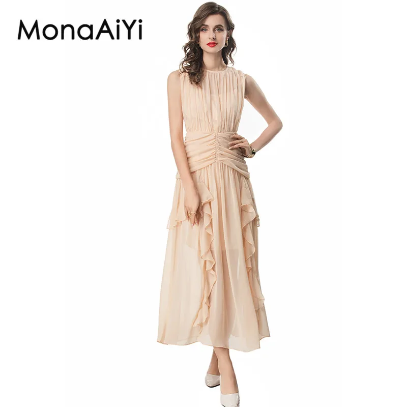 

MonaAiYi Fashion Design Summer Women's Dress Sleeveless Folds High Waiste Flounced Edge Beach Vacation Party Dresses