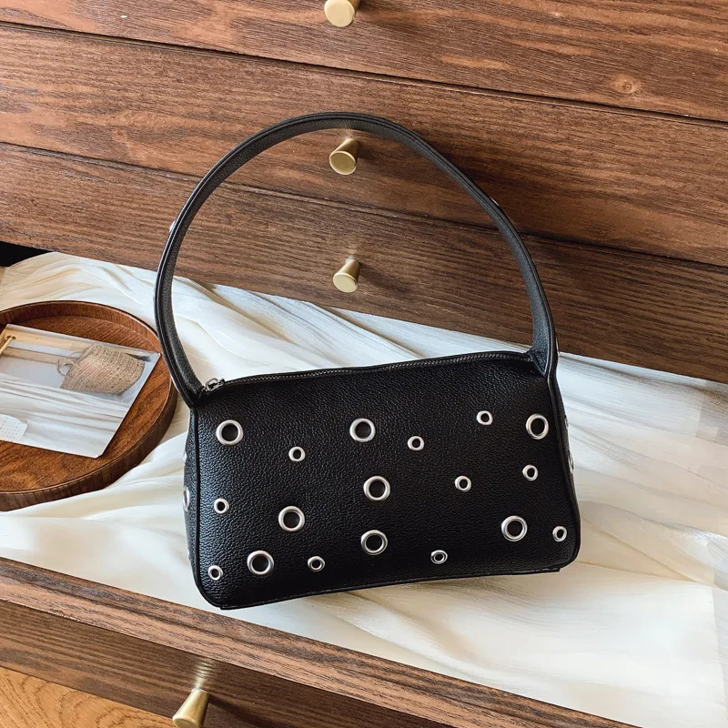 

2025 Vintage Biker Bag, Heavy Duty Studded Shoulder Purse for Women, Chic Underarm Crossbody, Edgy Day to Night Tote, Textured