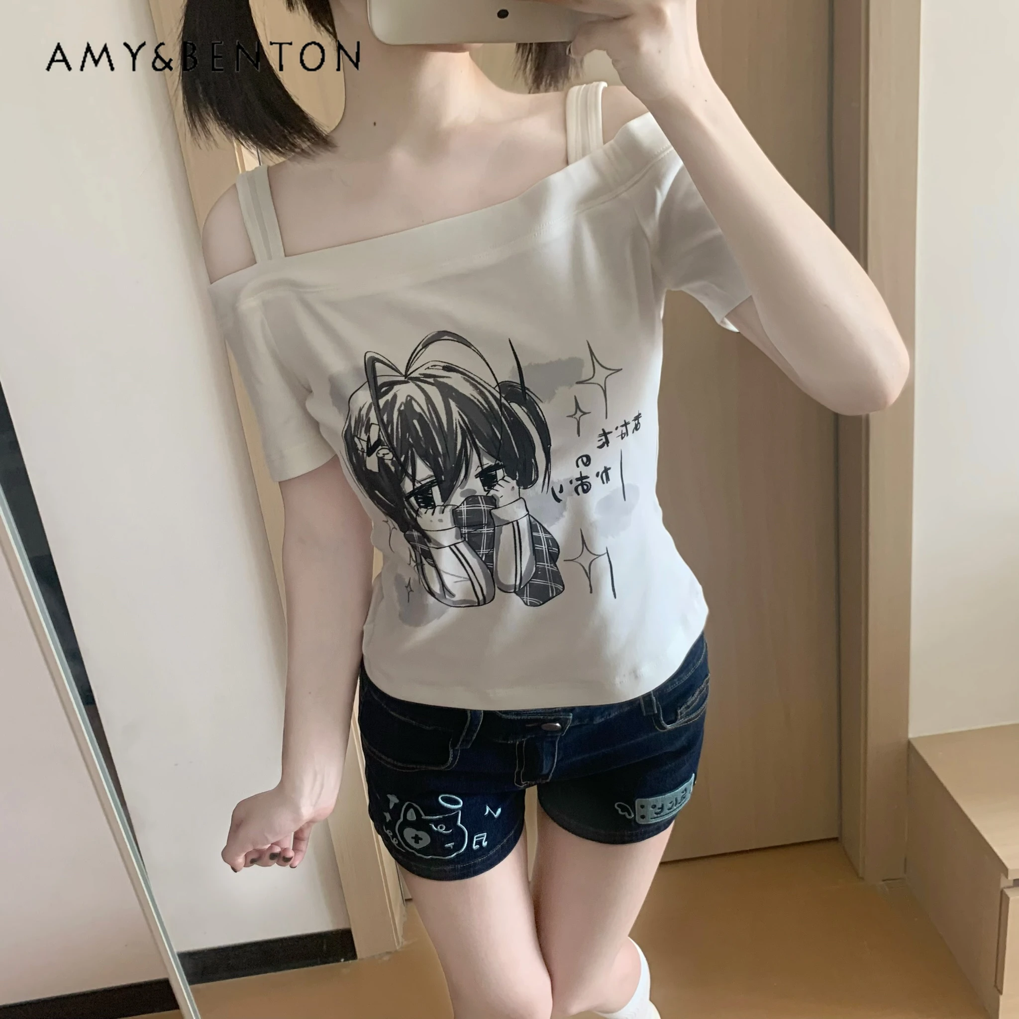 Niedliche Cartoon-gestickte Stretch-Jeans mit hoher Taille für Damen, Sommer, neue süße Spice Girl-Slim-Jeans, vielseitige tägliche Freizeit-Shorts