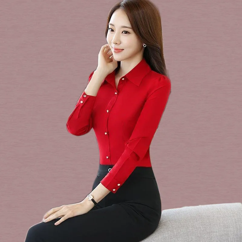 Vermelho camisas de manga longa feminina primavera outono novo coreano emagrecimento formal ocupação ol camisa all-match básico escritório senhora blusa