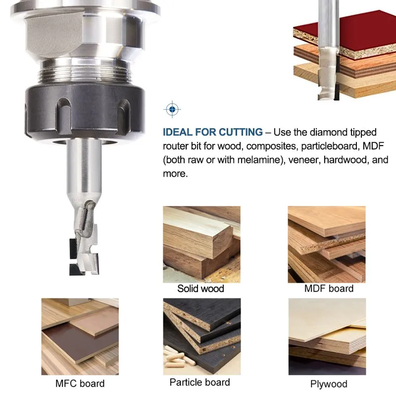 Vsharp Diamond Sprial Milling Cutter 12.7/12mm Shank PCD Corn End Mill Engraving Slotting CNC Router Bits Tool for MDF Wood Tool