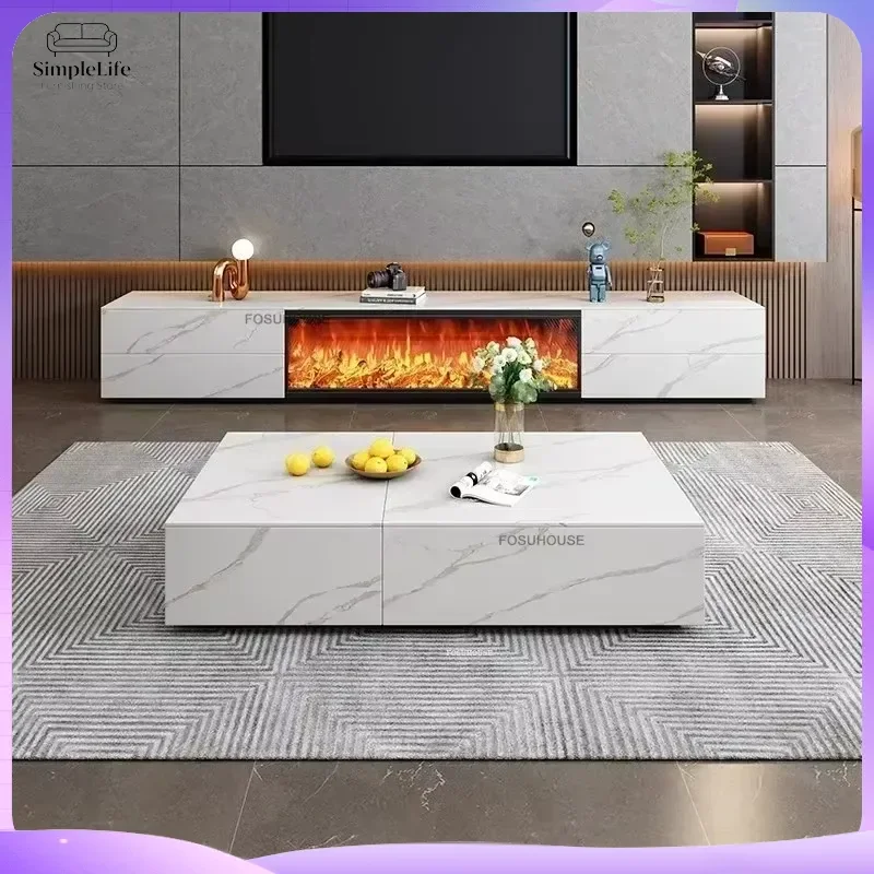 Embedded Simulation Flame Electric Fireplace TV Stand with Storage Luxury Nordic Living Room Furniture Slate TV Cabinet