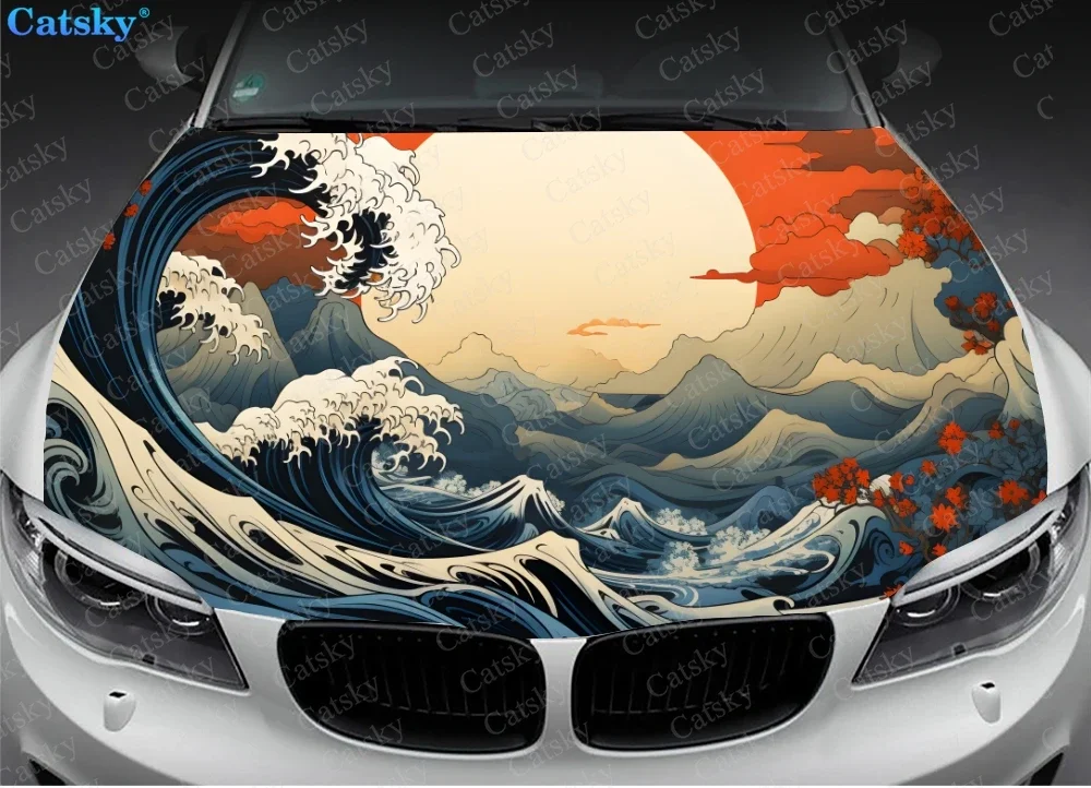 Minimalistic Drawing Of Wave Car Hood Vinyl Stickers Wrap Vinyl Film Engine Cover Decals Sticker on Car Auto Accessories