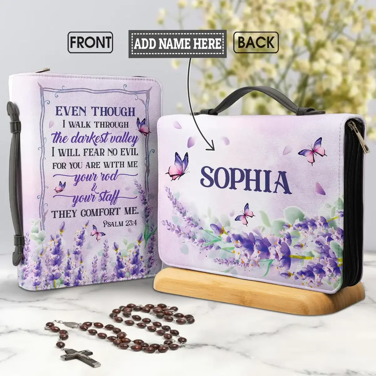 

Lavender Butterflies Bible Bag Women's Leather Handle Handbags I Will Fear No Evil For You Are With Me Verse Print Bible Cover