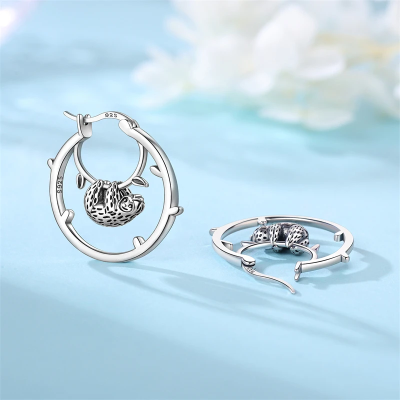 Real 925 Sterling Silver Hoop Earrings Animals Sloth Big Earrings For Women Engagement Wedding Party Birthday Jewelry Gift