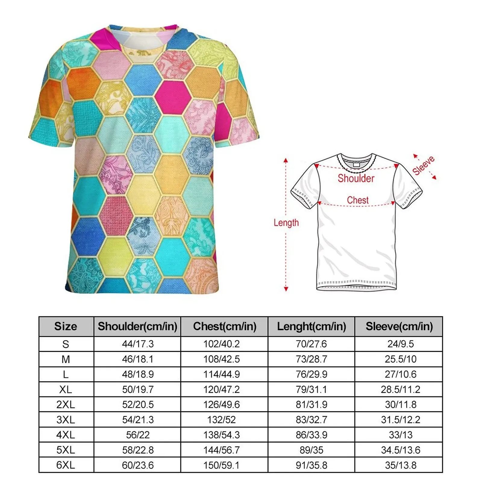 Colorful Patchwork Hexagon Print T Shirt Retro T Shirts Man Kawaii Tee Shirt Premium Short Sleeves Custom Top Tees Plus Size 6XL