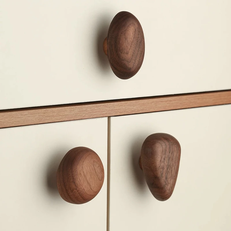 Pebble Shape Wooden Drawer Pulls Solid Wood Knobs for Cabinets Round Unfinished Handle for Wardrobe Natural Furniture Grips