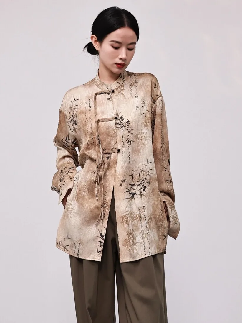 

Autumnal Ele Long-Sve Women's irt Water-Media Print Vintage Chinese Sle Button-Up Top Commute Simple Loose Fit Pol...