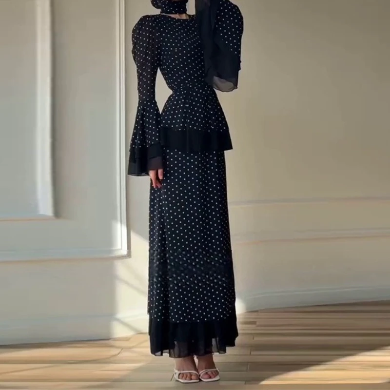 

2025 Spring and Autumn Women's Dress Elegant Printed Round Neck Polka Dot Cake Dress