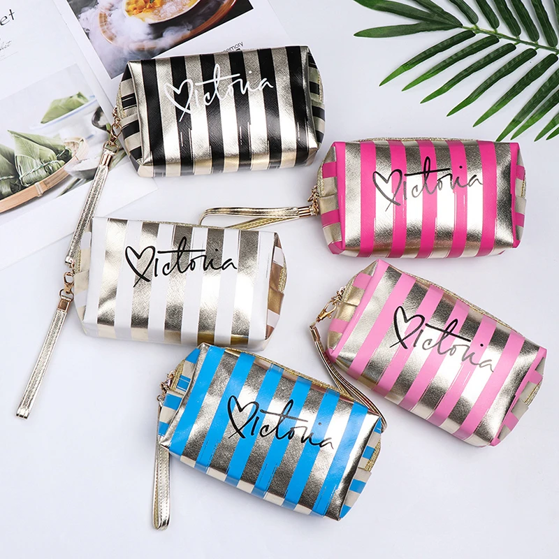 Saco de maquiagem portátil Stripe para mulheres, Saco portátil de alta beleza pequeno, Mini saco de armazenamento cosmético portátil