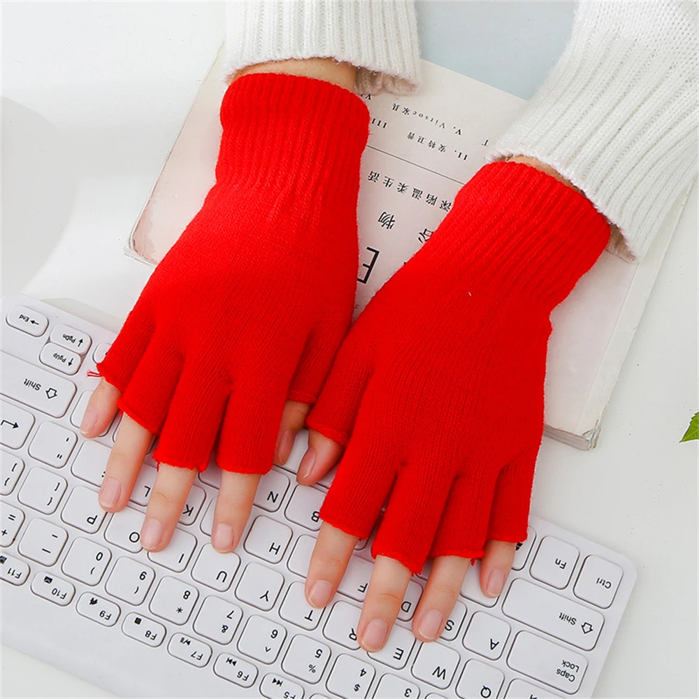 Men and women lovers pure color acrylic knitted warm half gloves students write office work gloves ST-060