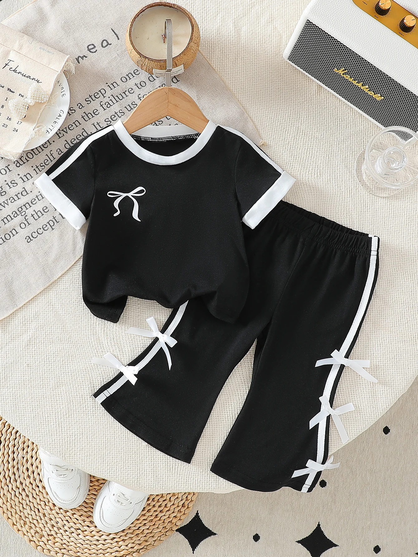 2025 Summer New Solid Color Bowknot Short-Sleeved T-Shirt and Solid Color Flared Long Pants Two-Piece Set