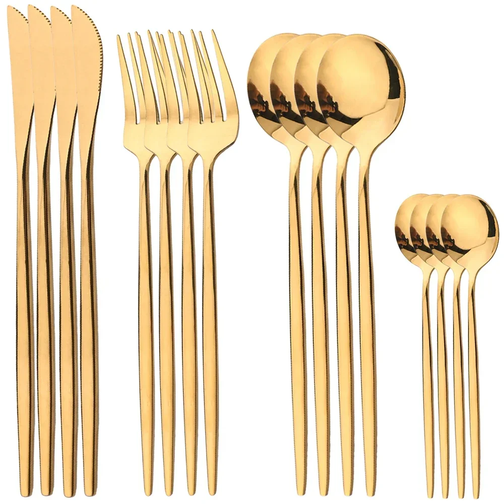 

16 Pieces Dinnerware Set Stainless Steel Tableware Knife Fork Tea Spoon Mirror Tableware Package Quality Gold Cutlery Sets Spoon