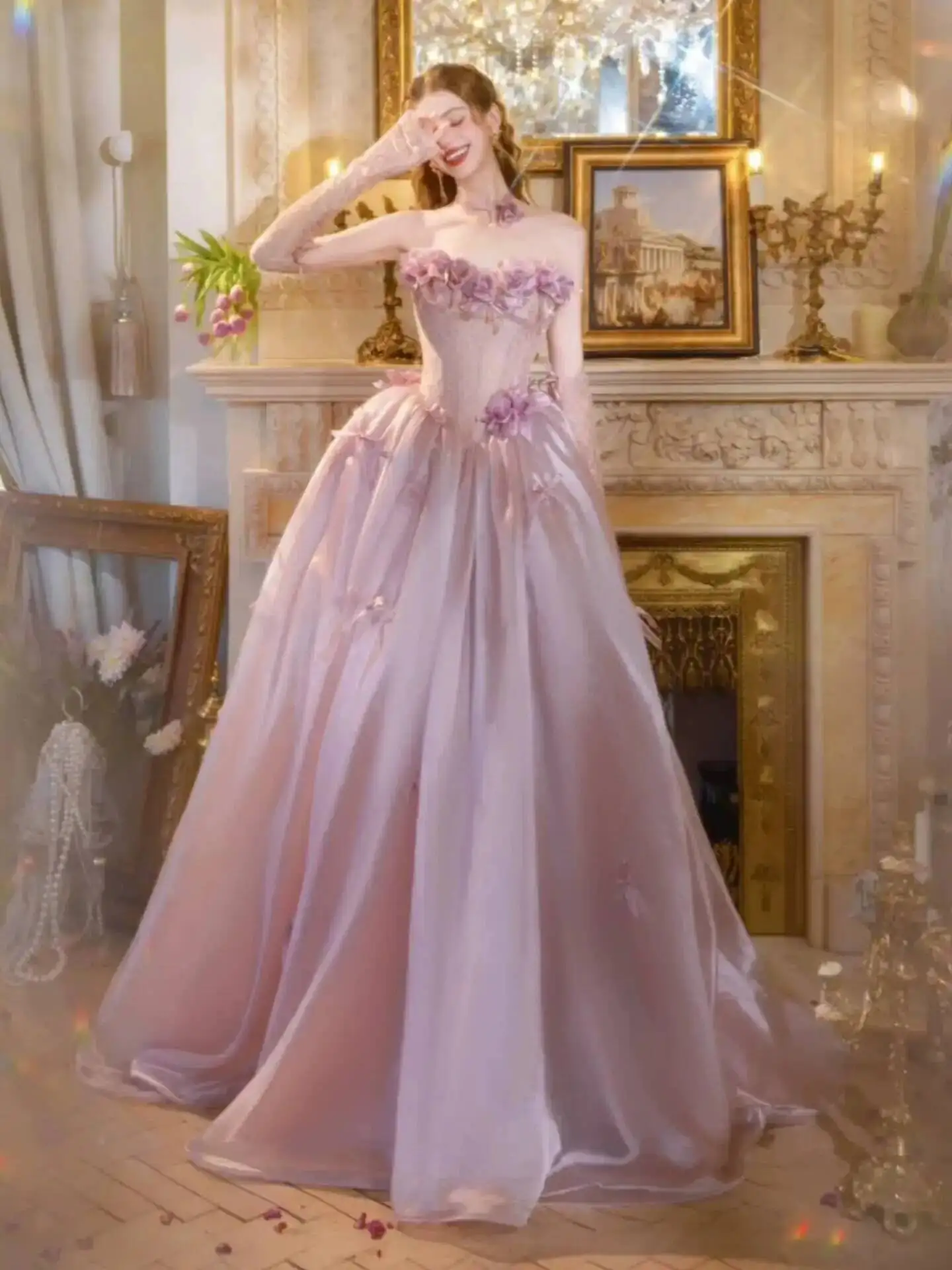 Vintage Dusty Pink Princess Ballgown Strapless 3D Flower Lace Corset Satin Long Formal Dress Wedding Photoshoot Gown view 2