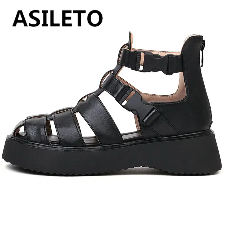 

ASILETO Women Shoes Sandals Round Toe Platform Flats Thick Cover Heel Buckle Strap Rome Style Solid Black White Leisure S3926