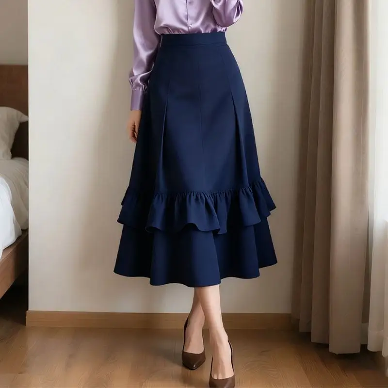 

Женская юбка А-силуэта с высокой талией, оборками и многослойным дизайном, темно-синяя, коллекция Весна-Осень 2026, винтажная элегантная юбка средней длины