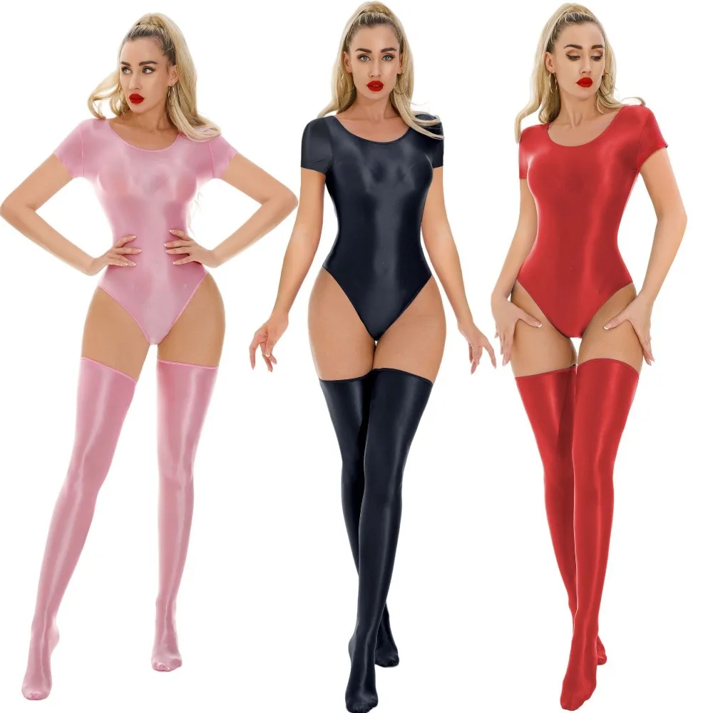 

Glossy Sheen Bodysuit Tops Satin Shiny Gym Tights High Elastic Shaper Woman Leotard Sexy Onesie Breathable Soft Body Suit Women