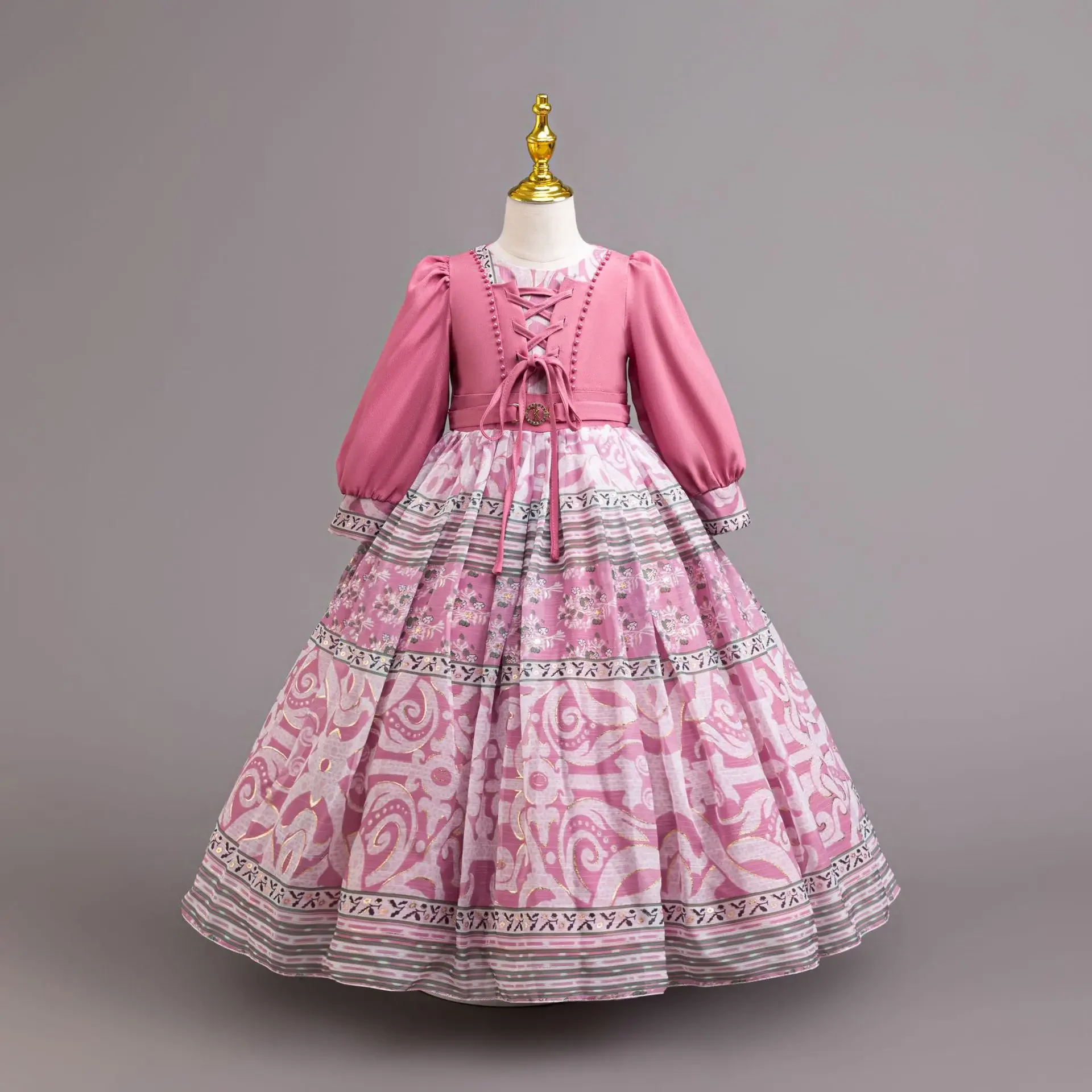 Vintage Floral Girls Wedding Chiffon Dress Kids Ribbons Lace Long Sleeve Party Gown Child Vestidos 3-12 Years