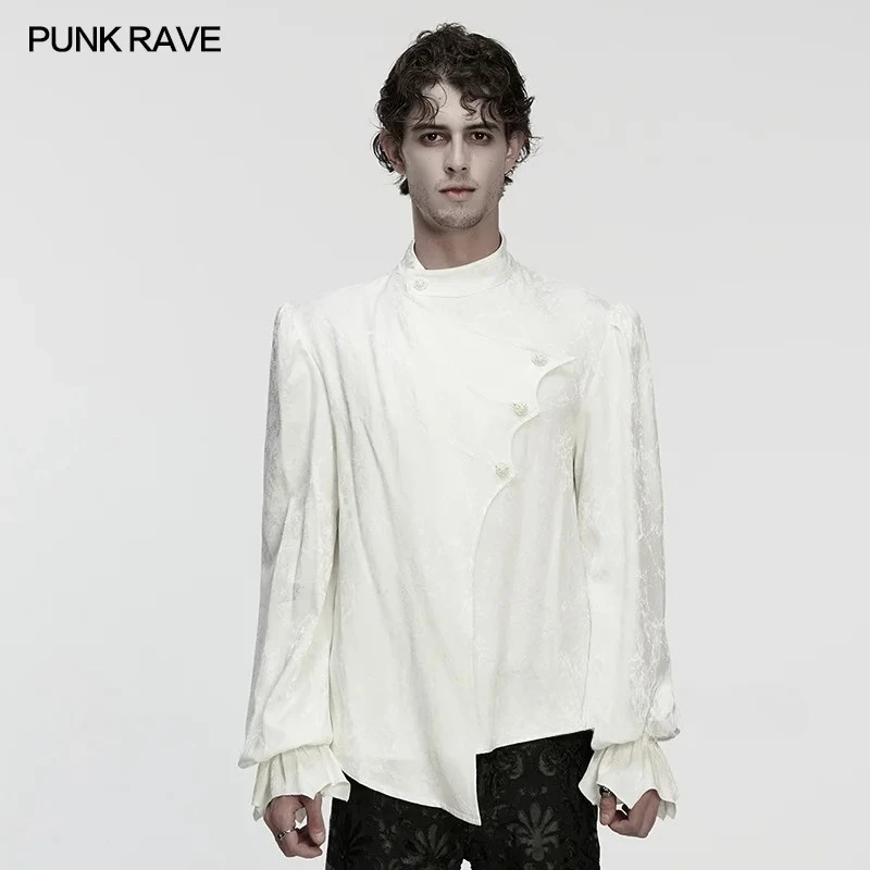 PUNK RAVE Men's Gothic Irregular Placket Natural Cellulose Linen Shirt Mottled Texture Unique Handsome Temperament Party Tops