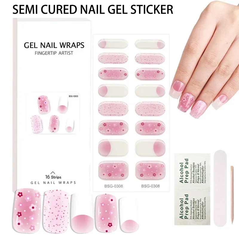 16Tips Eco-friendly Nail Gel Sticker DIY French Manicure Nail Art Design Full Gel Wraps Semi Cured Gel Sticker For Women Decals