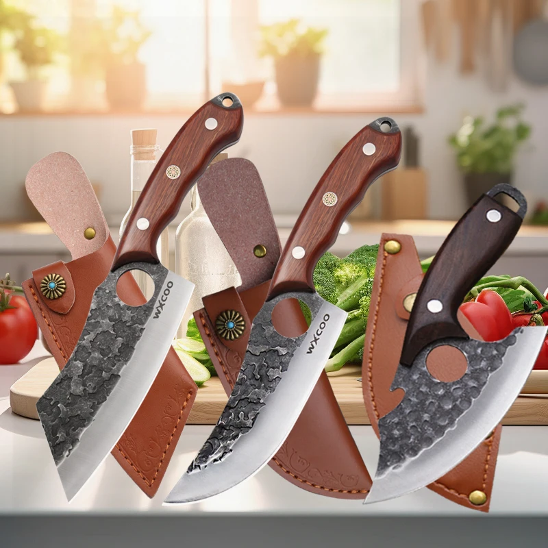 Handmade Forged  Butcher Knife with Full Tang Wooden Handle Stainless Steel Kitchen Knife Meat Cleaver Fruit Knife for Household