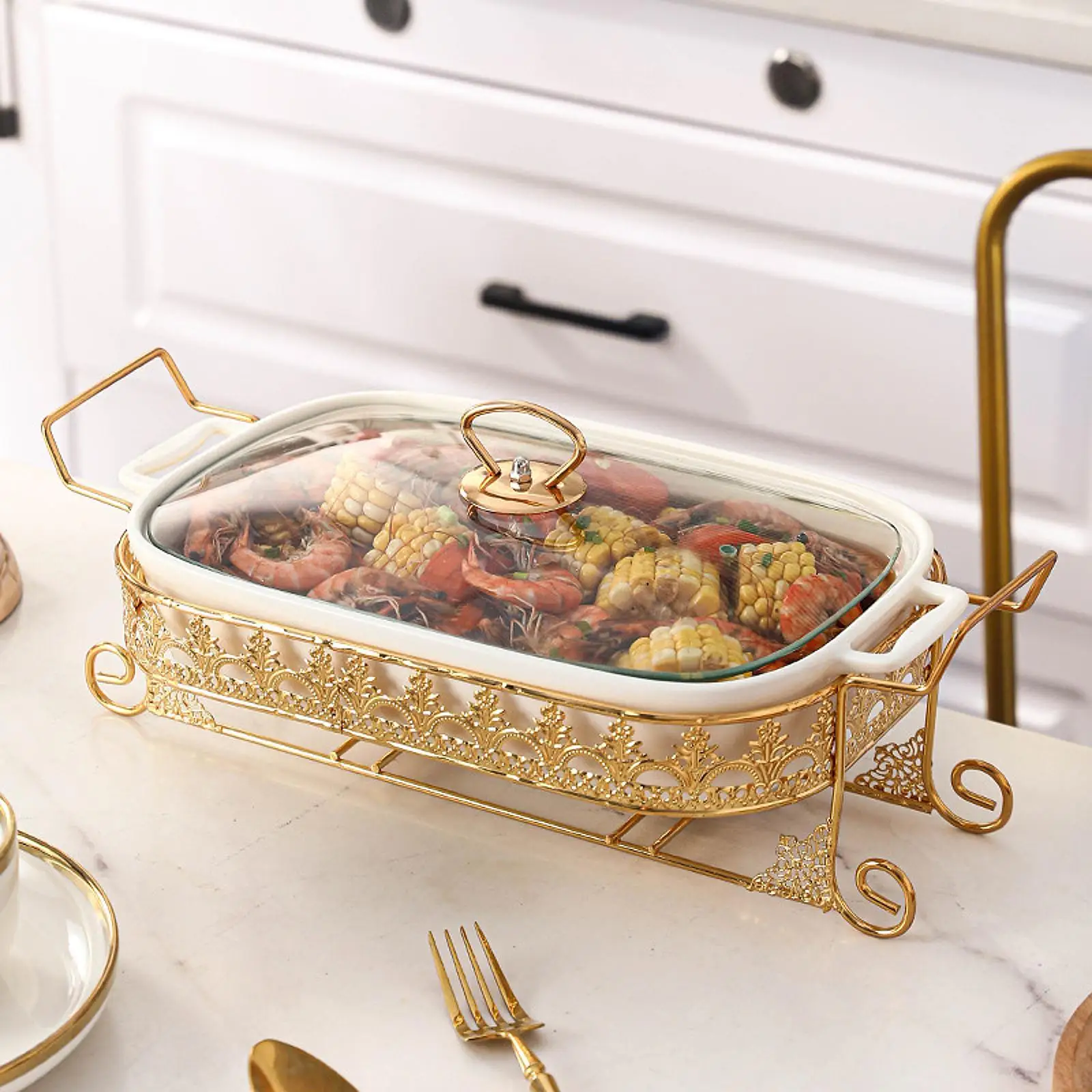Chafing Dish for Buffet Rectangular Lasagna Pan with Stand and Glass Lid