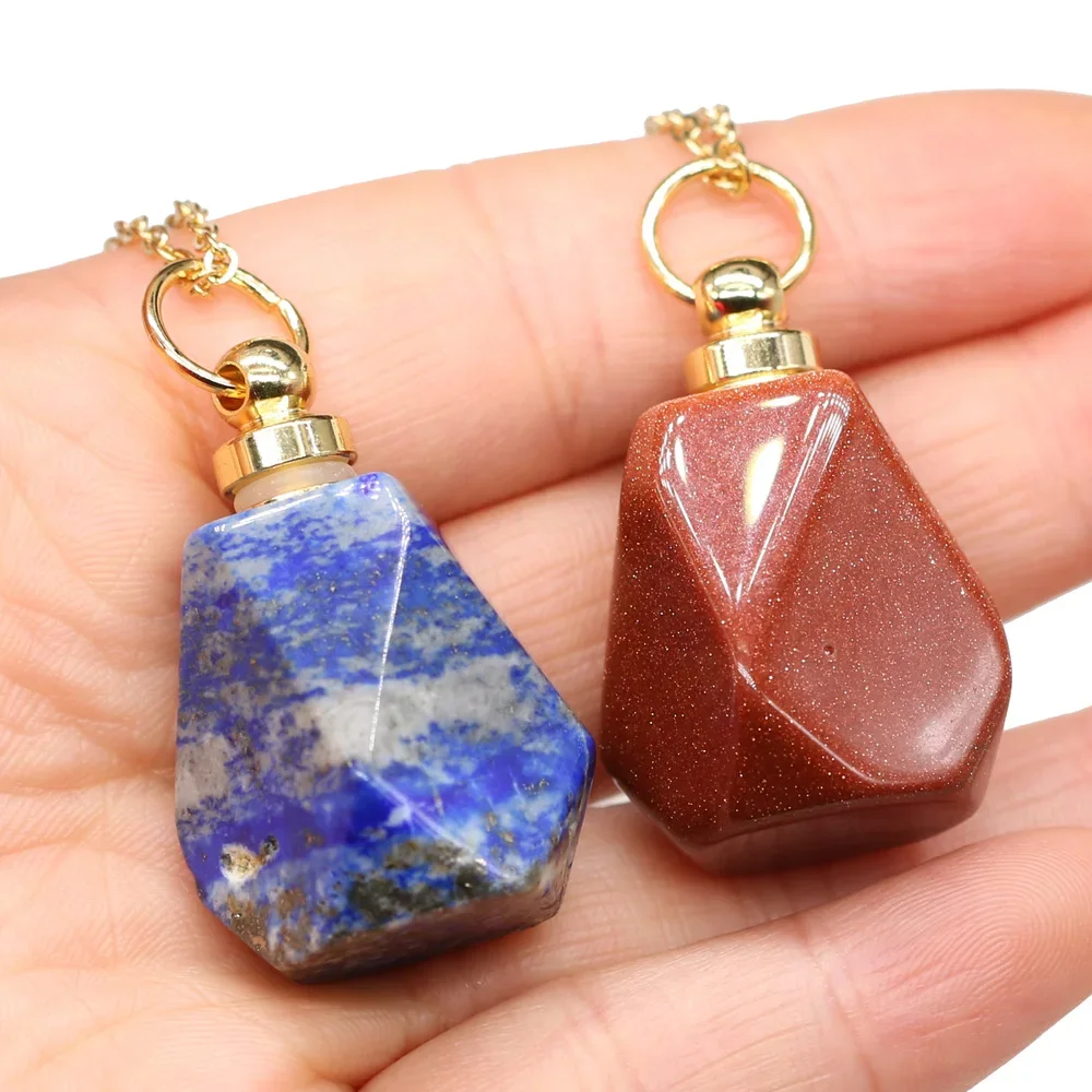 Natural Semi precious Stone Turquoise Agate Crystal Polygon Perfume Bottle Necklace Essential Oil Diffuser Jewelry Gift 25X37MM