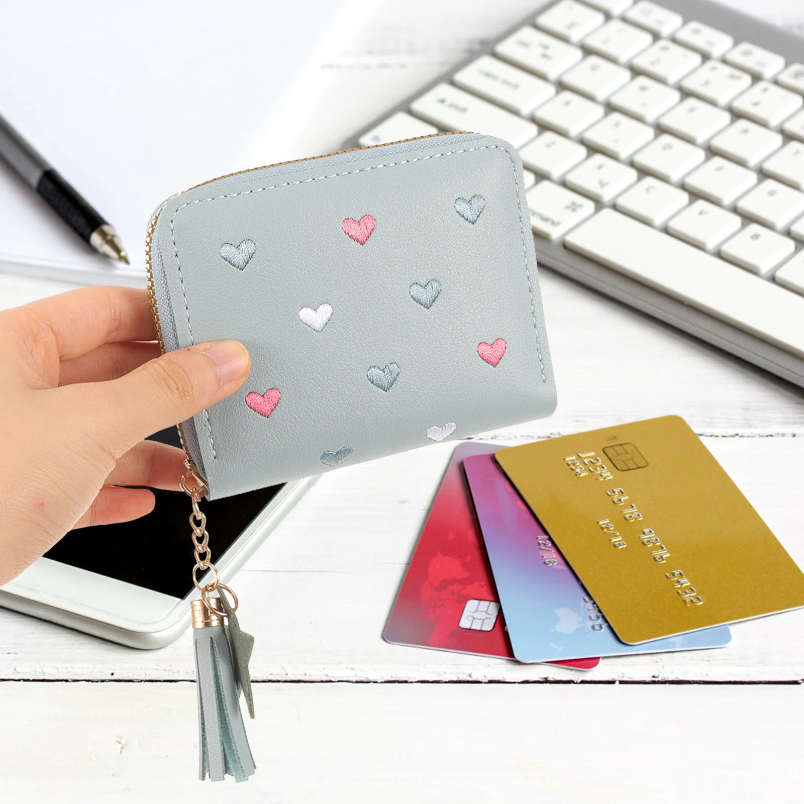 

PU Women Small Coin Bag Tassel Pendant Compact Zipper Wallet Portable Change Purse Coin Holder Pouch for Travel Daily
