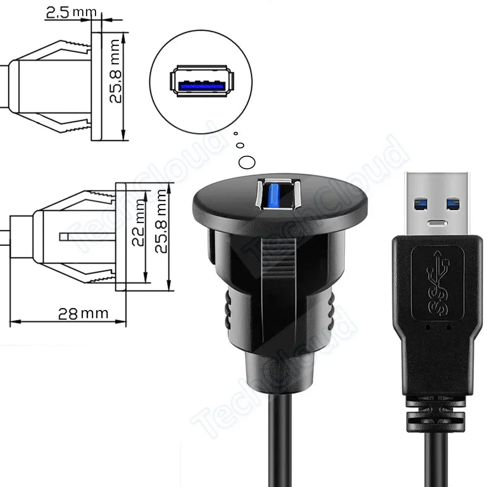 5Gbps USB Waterproof Embedded Dashboard Panelcharge cable USB 3.0 Port Male to Female Car Motorcycle charge Extension Cable