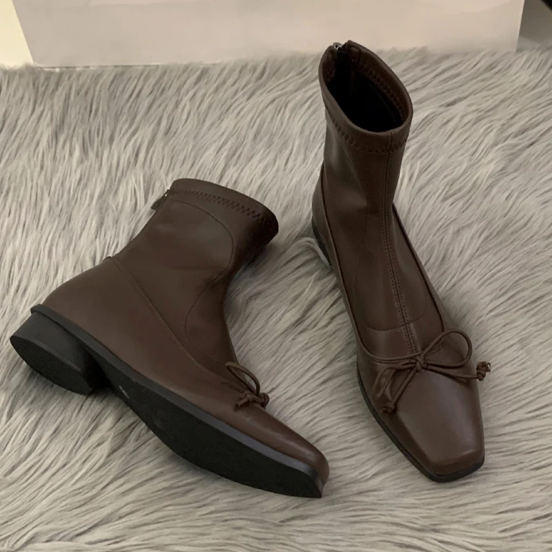 

Bow Low Heels Women's Ankle Boots Fashion Dress Shoes Luxury Designer Winter Boots 2025 New Brand Short Botas De Mujer Zapatos