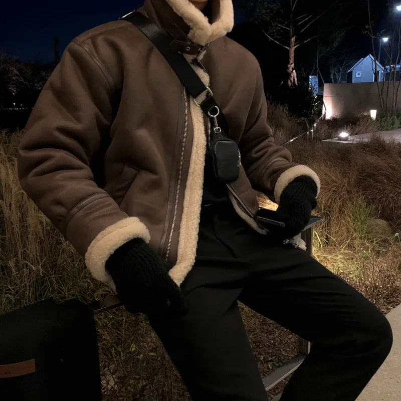 

Men's Loose Fit Warm Cotton Jaet Stand Collar Lamb Fur Coat Youth Trend Polyester Fiber Thiened Long Sle Winter Coat