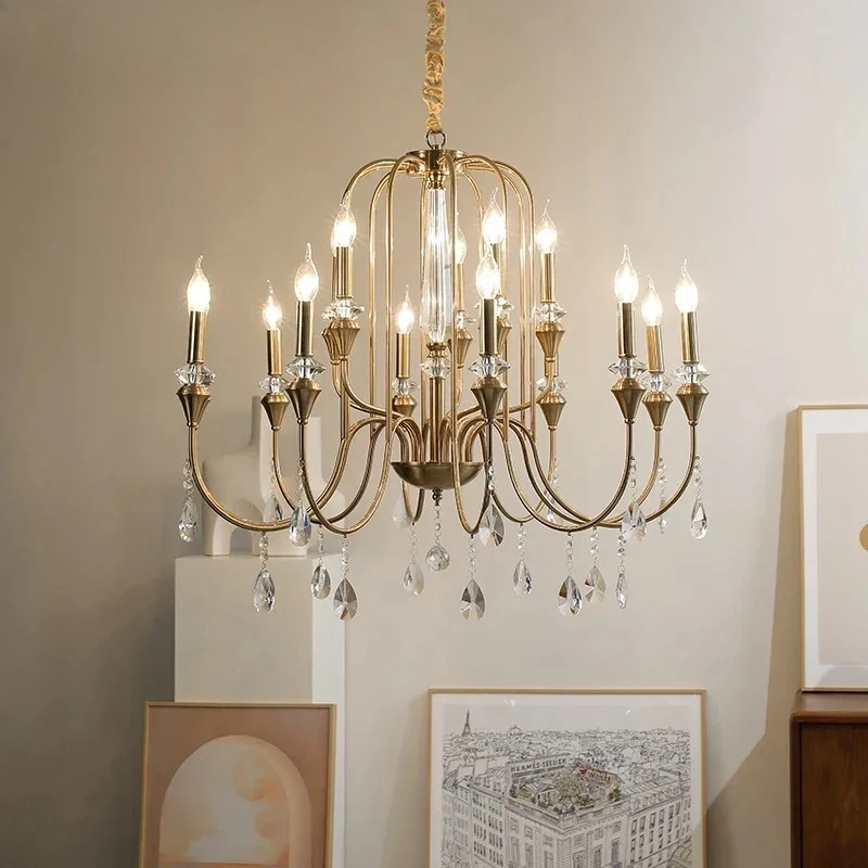 

American Luxury Crystal Ceiling Chandeliers LED Lights Copper Golden LED Hanging Lamps for Dining Hall Hotel Lobby Kitchen Foyer