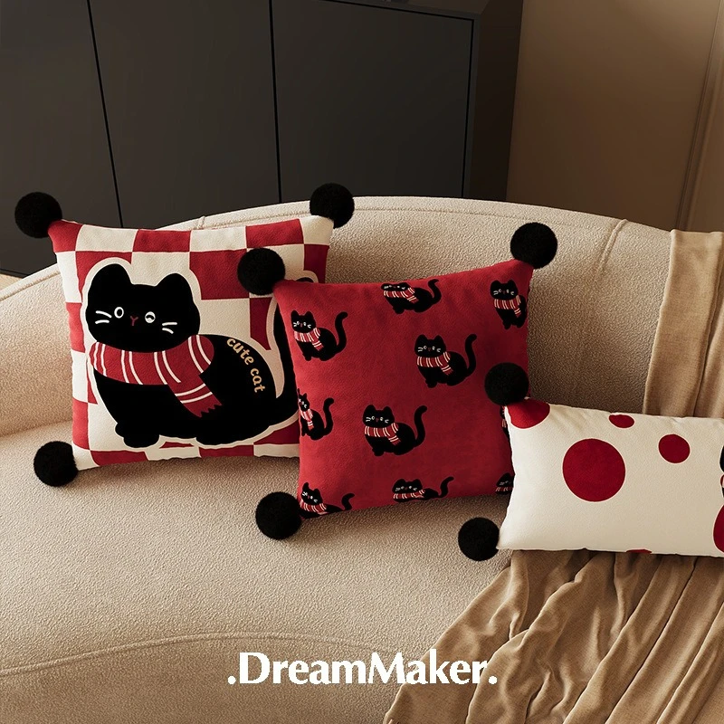 

2025 Red New Year Cat Pillow Thick Velvet Square Removable Cover Cartoon Print Cushion for Home Decor Backrest Throw Pillow