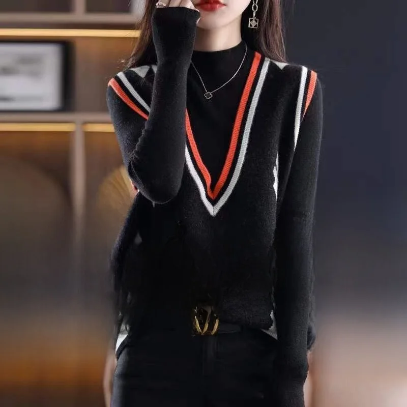 

Retro Knitted V-Ne Vest Women's Faionable Versatile Sweater f High Collar Long Sve Regular Thin Autumn Season