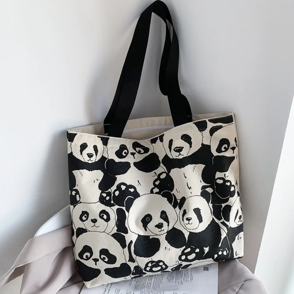 Cartoon Panda Shopper Bags Cute Canvas Printed Outdoor Travel Totes Eco Reusable Foldable Student Tote Book Bag