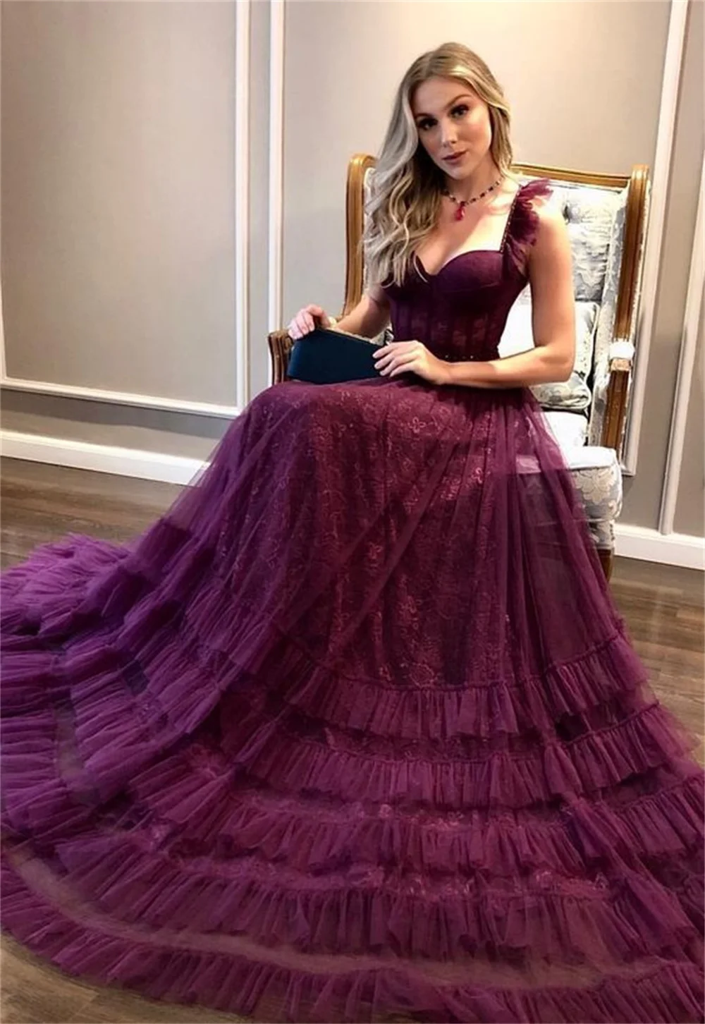 Amanda Dark Purple فساتين مناسبة رسمية Sweetheart Lace Vestidos De Noche Elegant Multilayer Tulle Floor Lenght Prom Dress 2023