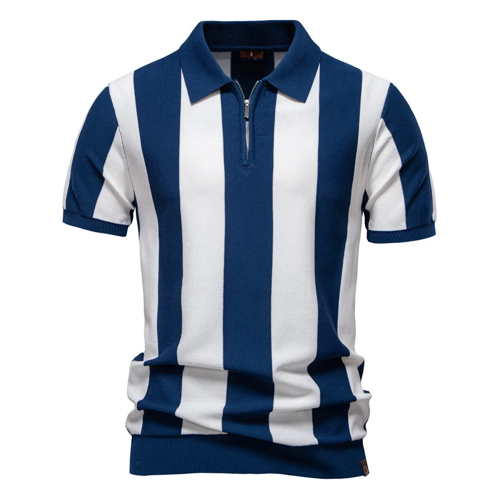 

Men Striped Knitted Polo Shirt Pullover Shirts Short Sleeve Zipper Spliced Turn Down Collar Casual Loose Tees Slight Strech