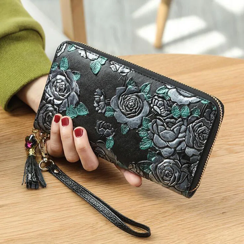 Wallet Woman 2022 Embossed Dragonfly Rose Clutch with Tassel Wristlet Purse Long Genuine Leather Evening Bag Wallets for Women