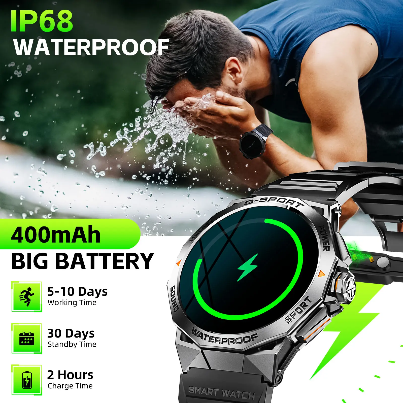 EIGIIS Smart Watch AMOLED Military Men Health Fitness Tracker Heart Rate Blood Pressure Monitoring Sleep Quality Analysis IP68