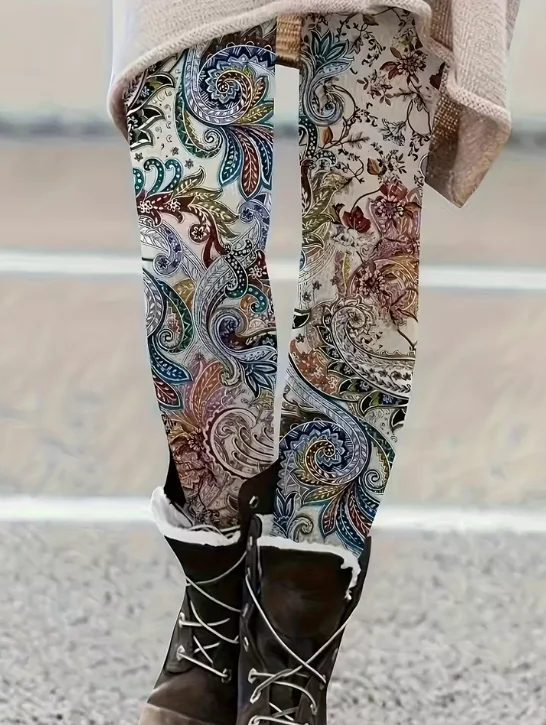 เลกกิ้งสตรี เลกกิ้งลายดอกไม้ย้อนยุค ถุงน่องยืดทรงสลิม กางเกงโยคะแฟชั่นเซ็กซี่ กางเกงออกกำลังกายสุดเท่