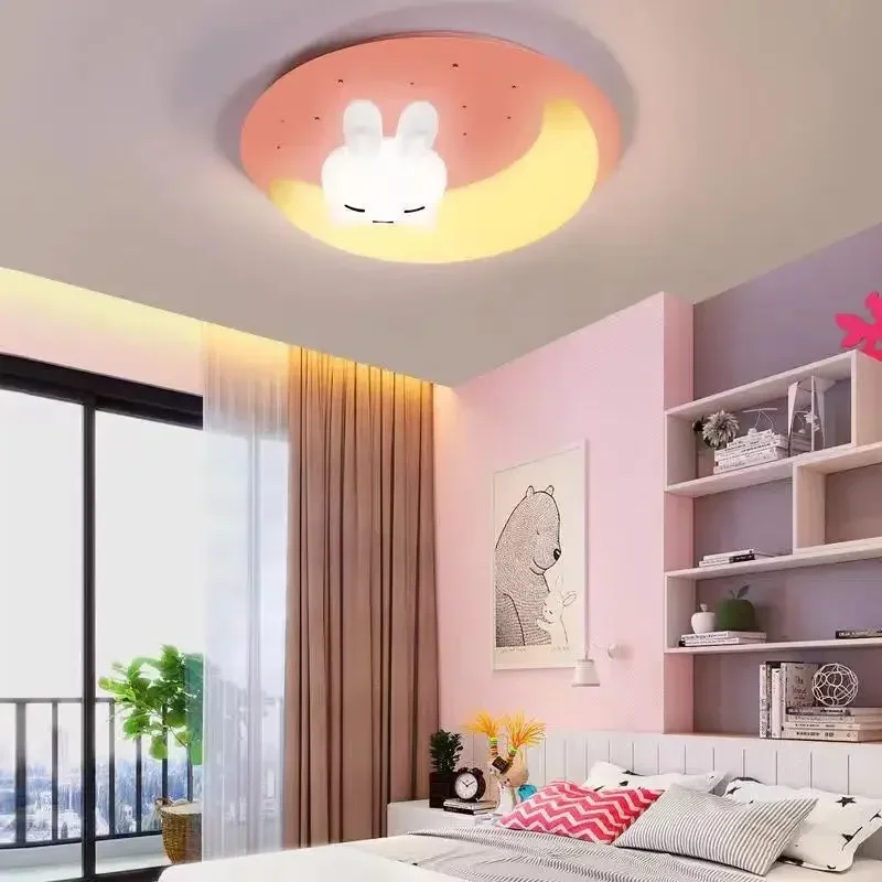 LED Children's Room Ceiling Light Cute Cartoon Rabbit Moon Lamp for Bedroom Boys Girls Kid Pink Blue Tricolor Adjustable Decora