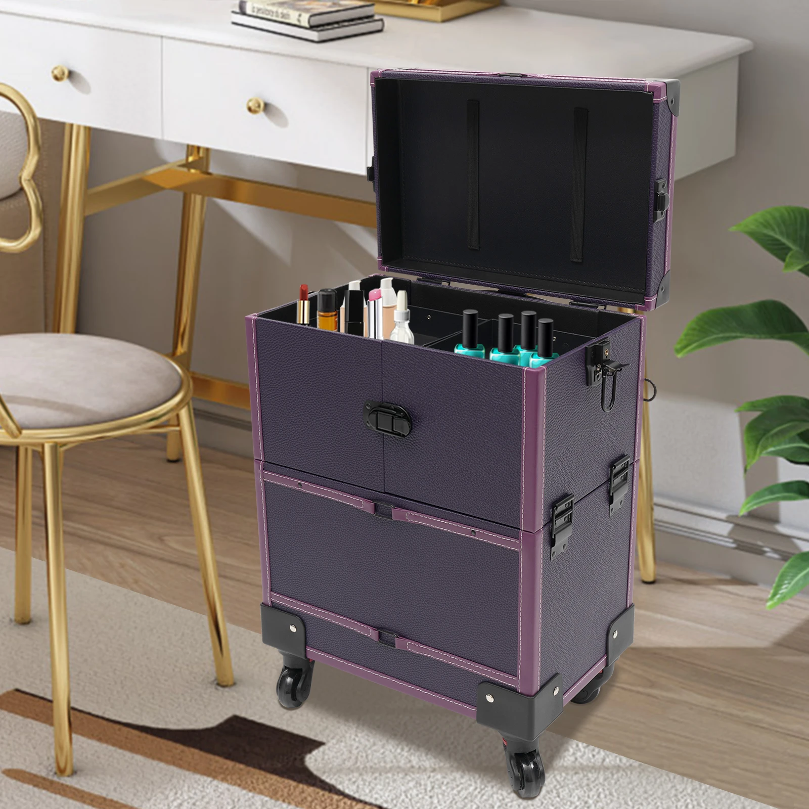 Elegante astuccio per il trucco viola Rolling Train-Organizer per Trolley per artisti professionisti